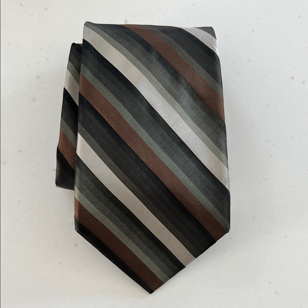 Perry Ellis. Elegant Striped Men's Tie in Black, Gray, Olive, and Brown